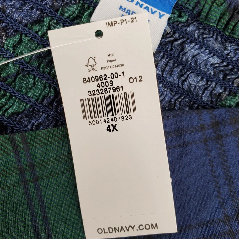 Old Navy Womens 4X Blue Green Plaid Puff Sleeve Peplum Smocked Top 100% Cotton